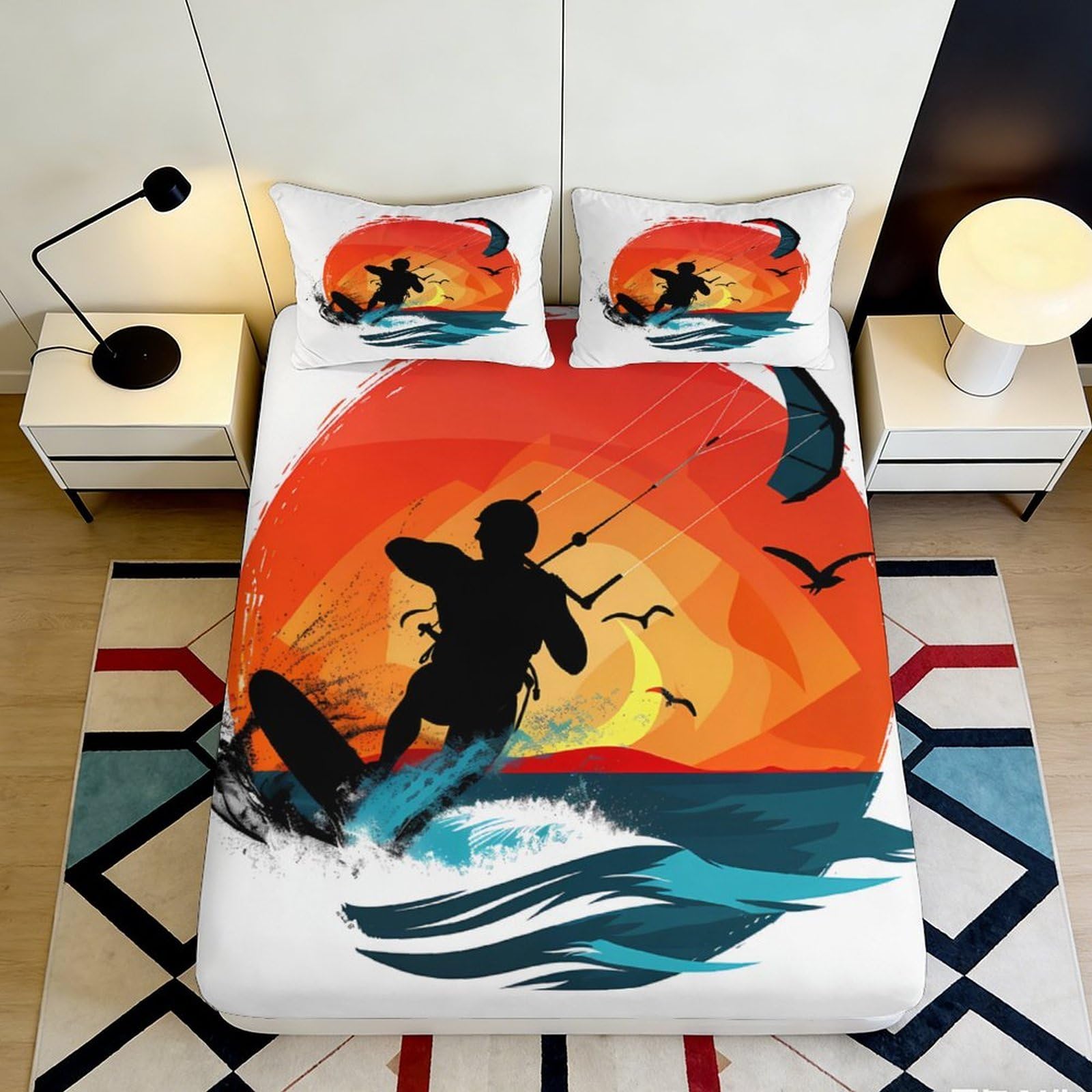 3D Printed Sunset Kite Surf Fitted Sheet Microfiber Soft Breathable Ocean Wave Bed Cover for Bedroom Decor 90x200x25cm