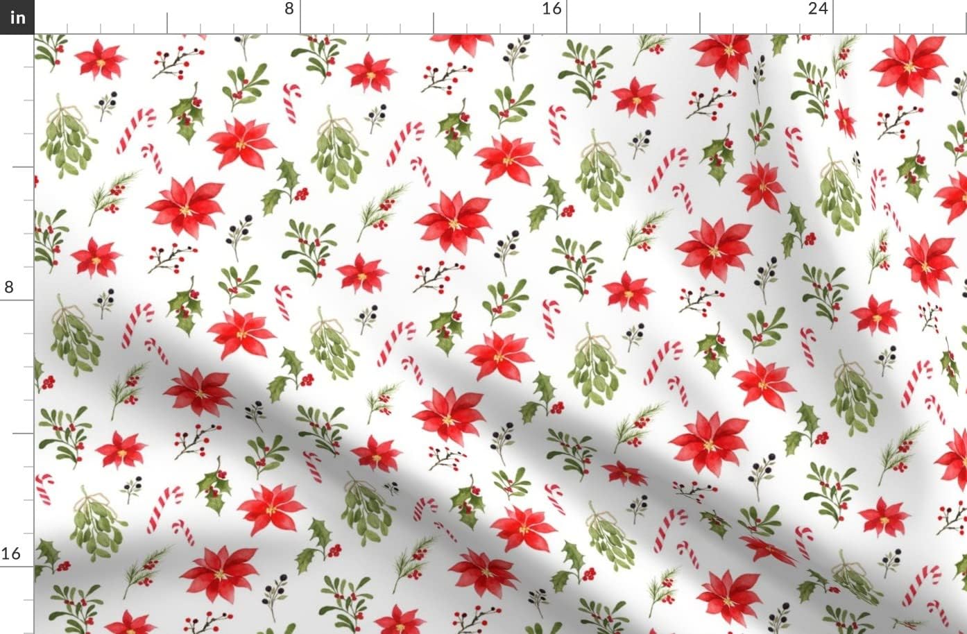 Spoonflower Fabric - Christmas Watercolor Holiday Holly Candy Canes Florals Green Printed on Organic Cotton Sateen Fabric by The Yard - Sewing Quilting Apparel Home Decor