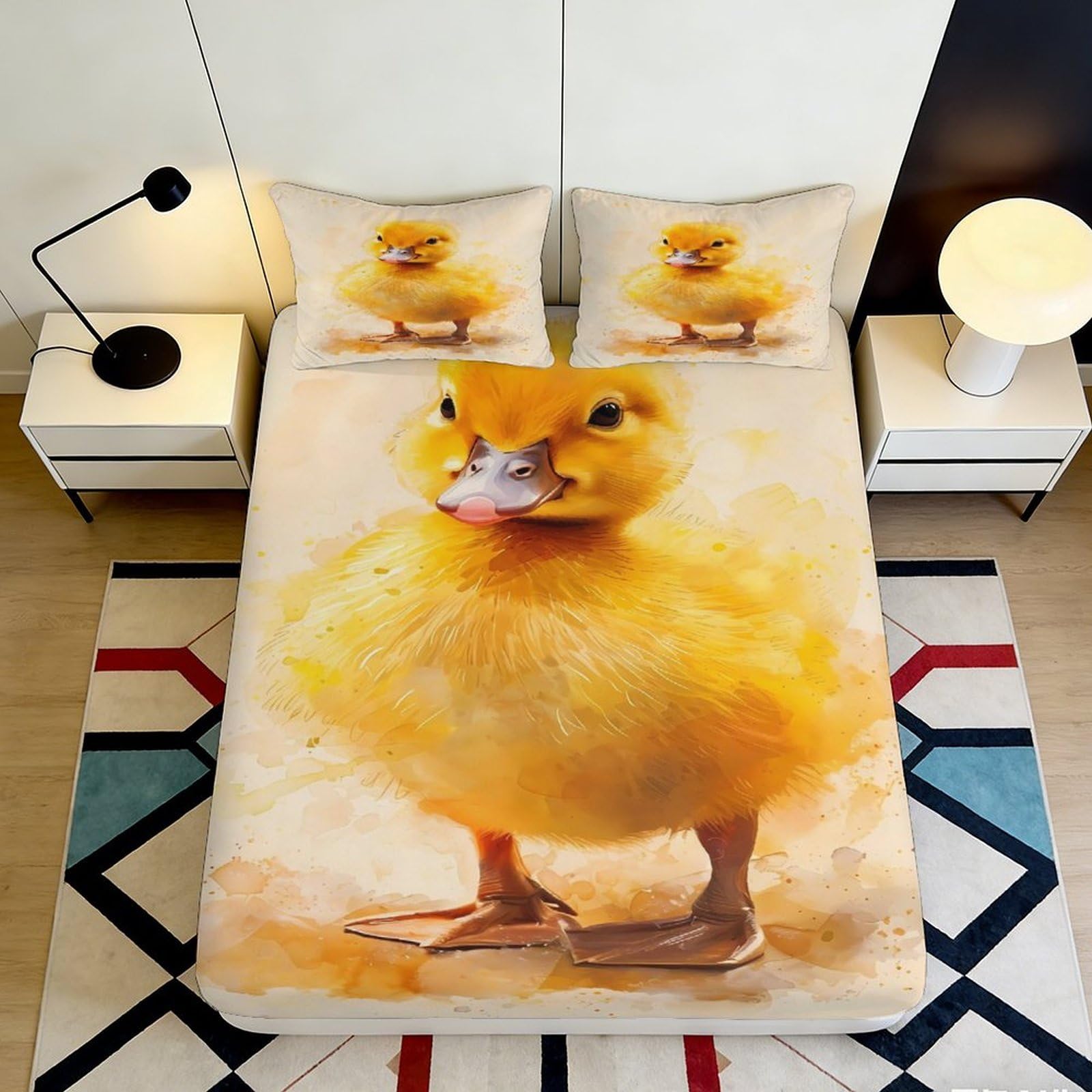 3D Printed Yellow Duckling Fitted Sheet Microfiber Soft Breathable Cute Duck Mattress Cover for Bedroom Dormitory Guest Room Mattress Protection Decor 120x200x25cm