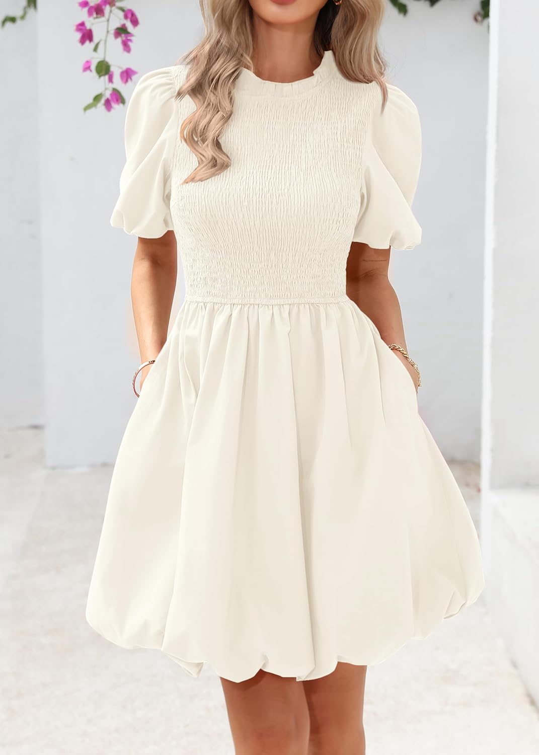 KIRUNDO Womens Summer Smocked Mini Dress 2025 Spring Puff Short Sleeve Boho Ruffle Crewneck Bubble A Line Short Dresses - Image 4