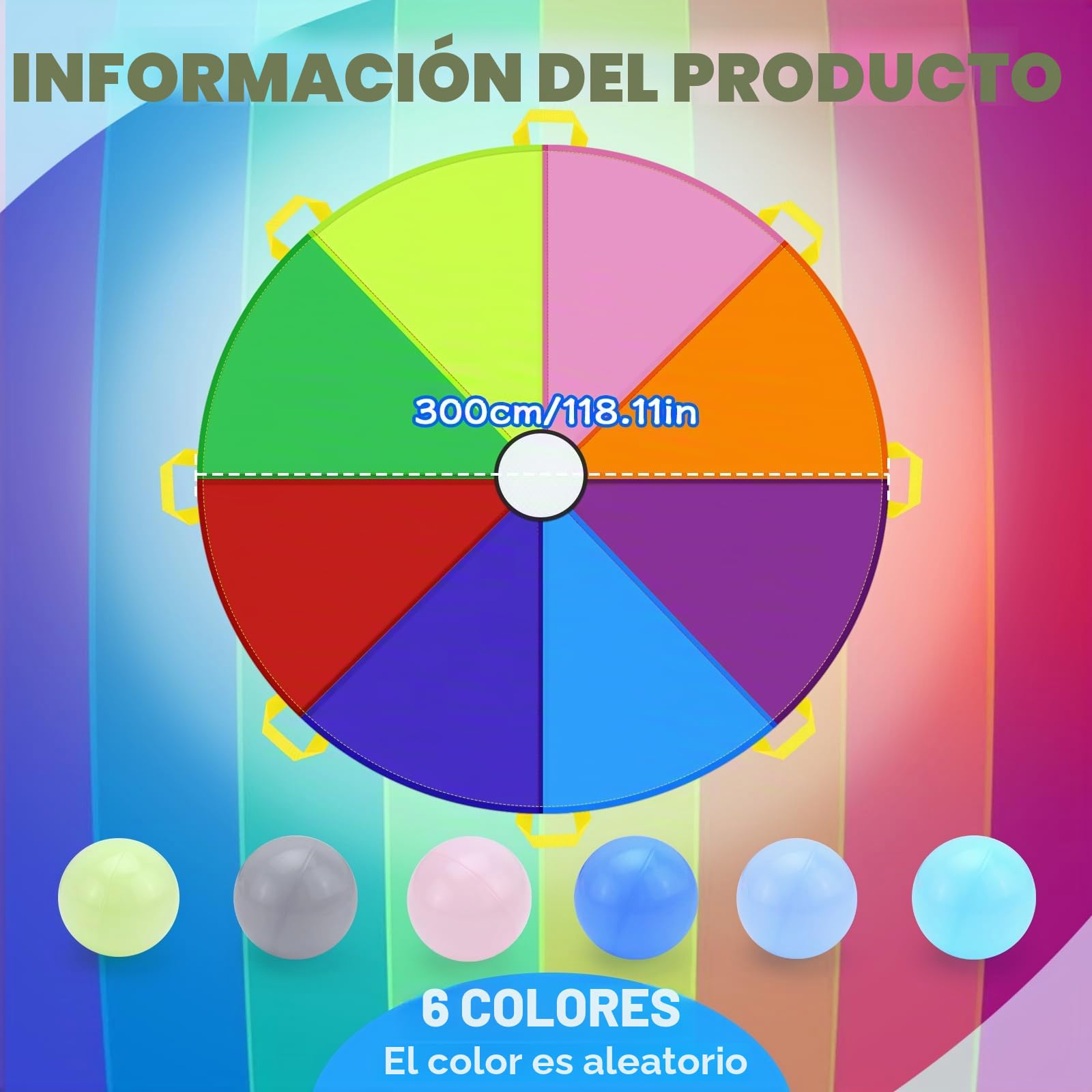 Paracaidas Infantil con 20 Bolas Paracaidas Ø300 cm - Juegos Grupales de Interior y Exterior para Escuelas y Fiestas de Cumpleaños Infantiles (Diámetro 300 cm)