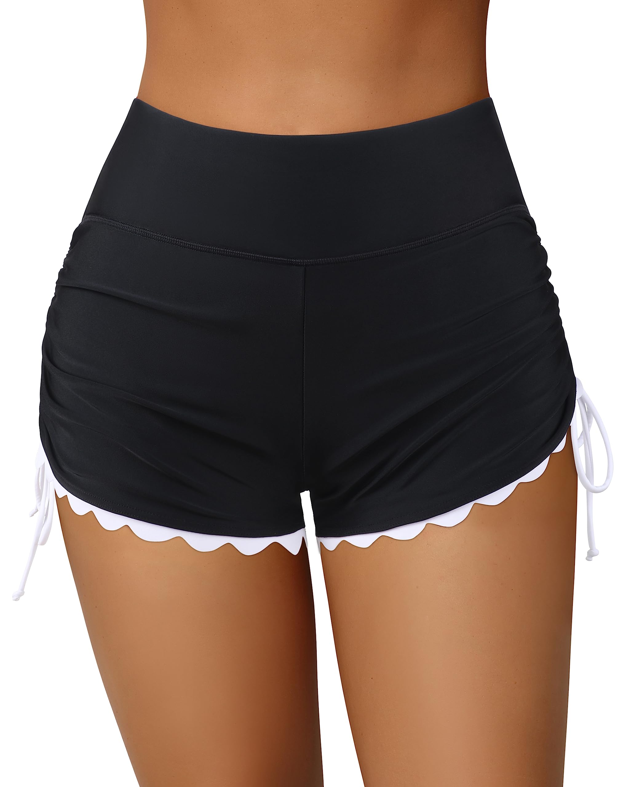 ATTRACO Women Swim Shorts High Waisted Swimsuit Shorts Scalloped Tie Side | Scallpoed Hem, High Waisted, Tummy Control, Full Liner, Drawstring Side, Quick Dry, Elastic Fabric, Swimming, Beach Wear