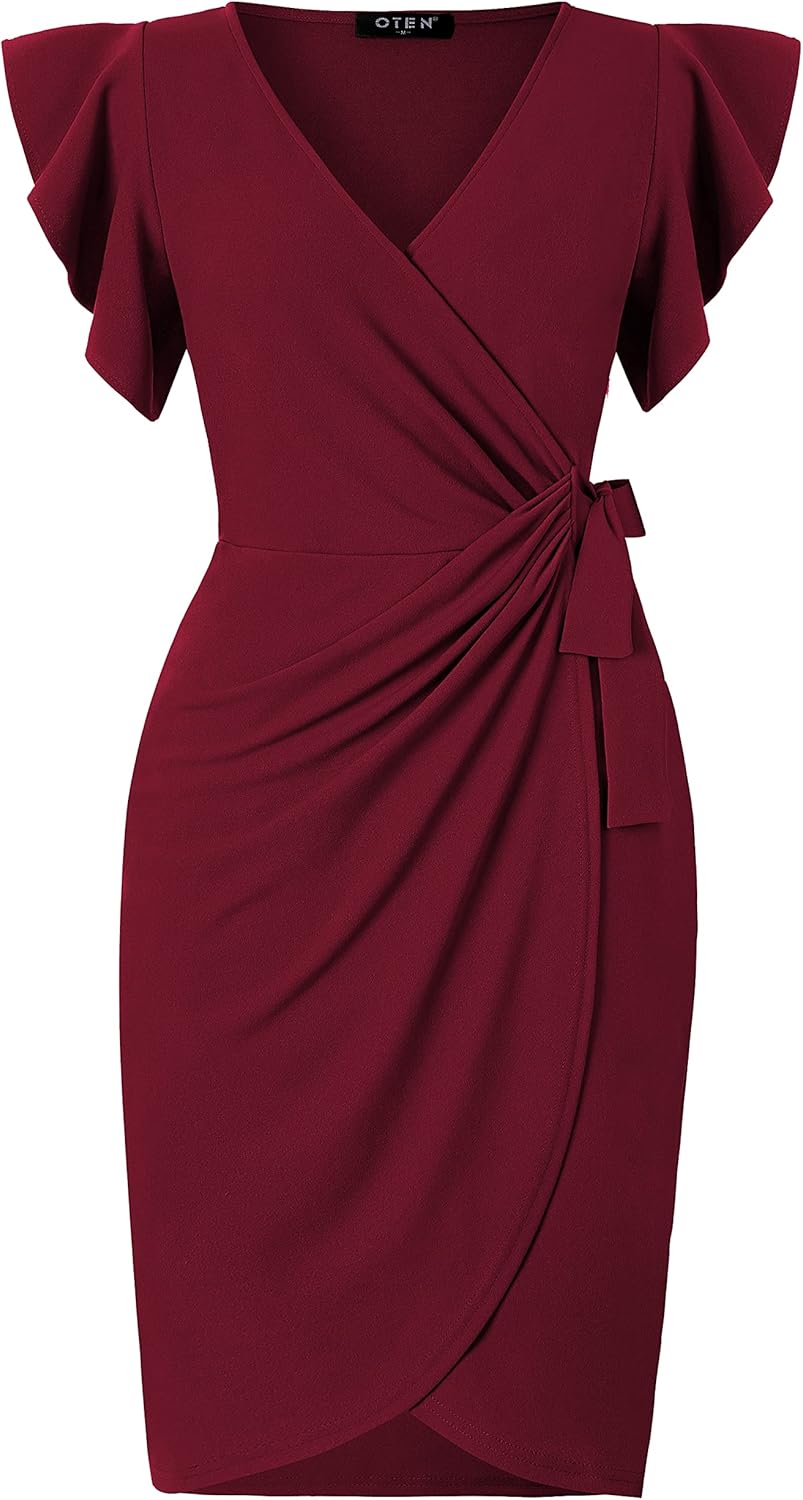 oten Womens Deep V Neck Ruffle Sleeve Sheath Casual Cocktail Party Work Faux Wrap Dress - Image 2