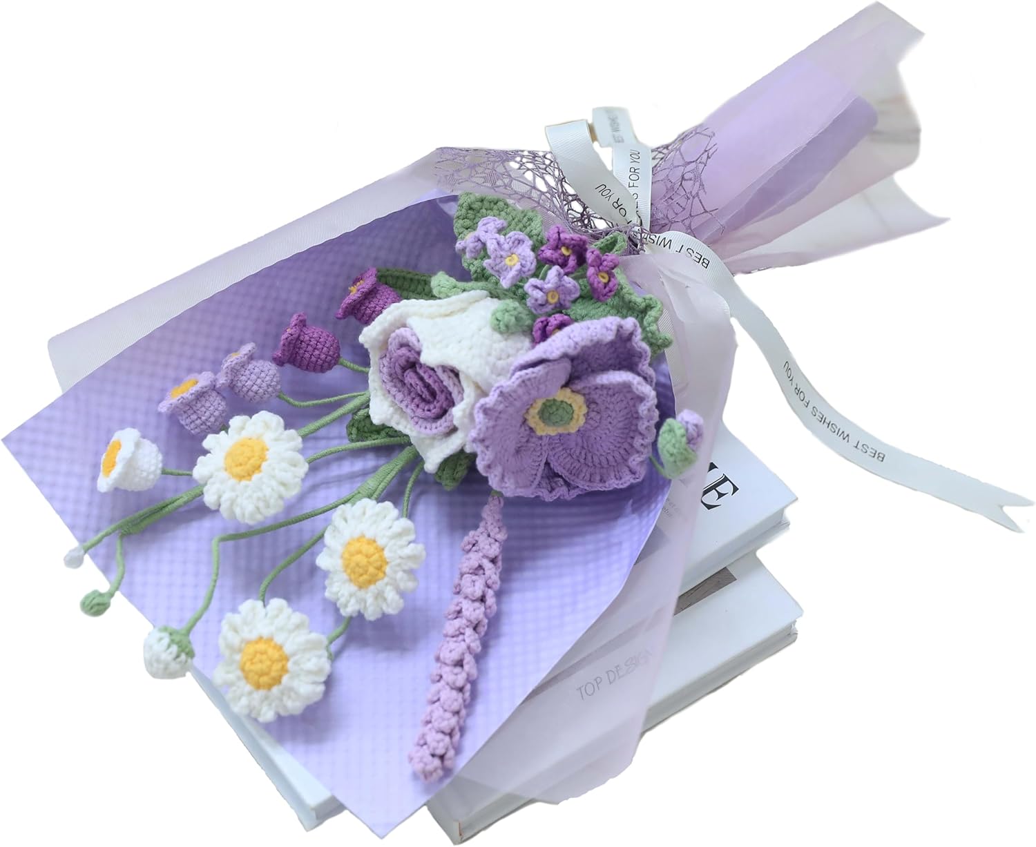 Crochet Purple Ombre Rose Tulip Bouquet Christmas Pet-Safe Handmade Knitted Florals for Women Coworkers Teachers with Greeting Card