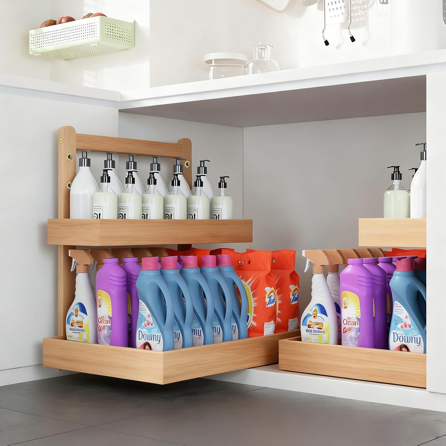 Bamboo Undersink Organizer Storage - 2-Tier Cabinet Shelf with Adjustable Levels, Under Sink Storage Slide Out for Cabinet Pantry Kitchen Bathroom (Natural)