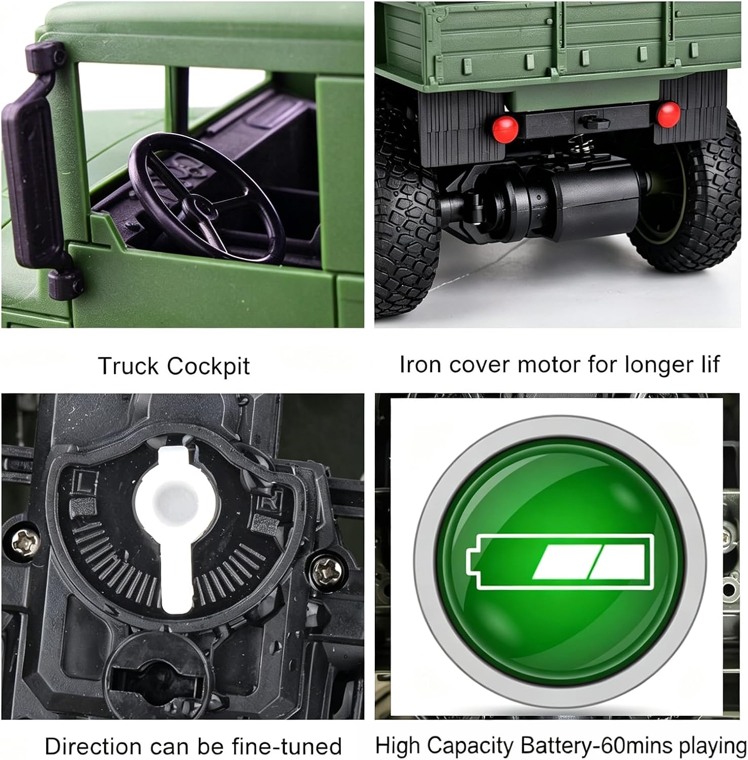 XINGRUI 1:18 RC Military Truck, 50 Min Playtime Remote Control Car, 2.4Ghz 4WD Off-Road Vehicle, All Terrain Toy with LED Lights, Gift for Boys Girls Ages 6+ image 4