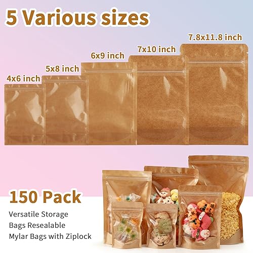 Miniatura 4 de Paquete de 150 bolsas de papel kraft con ventana transparente de 4 x 6 pulgadas, bolsas de Mylar pequeñas con cierre para almacenamiento de