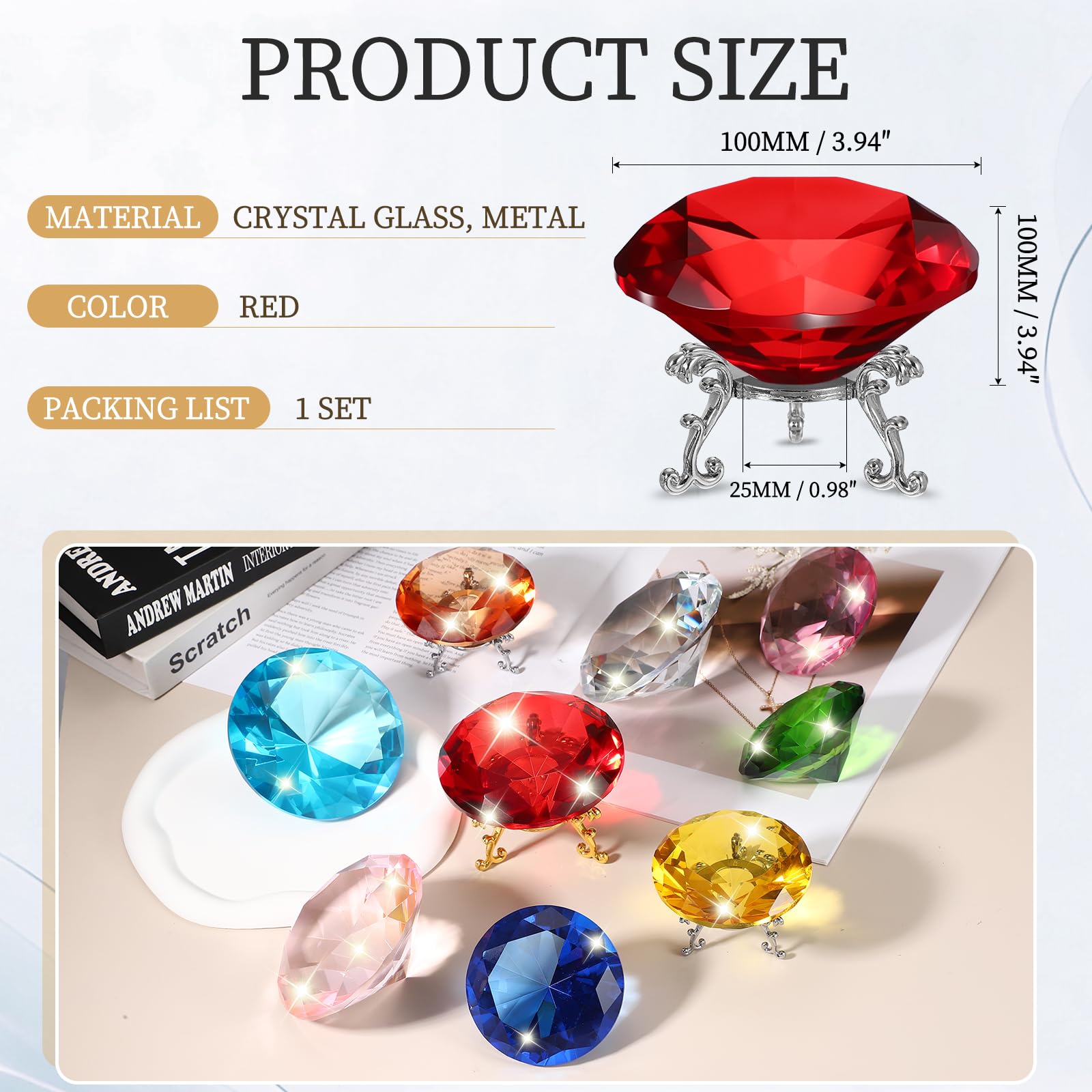 PATIKIL Diamond Crystal Paperweight, 100mm / 3.94" Crystal Paperweight Paper Weight with Silver 25 Metal Base for Home Office Desktop Table Decor Wedding Party Ornaments, Red - Image 2