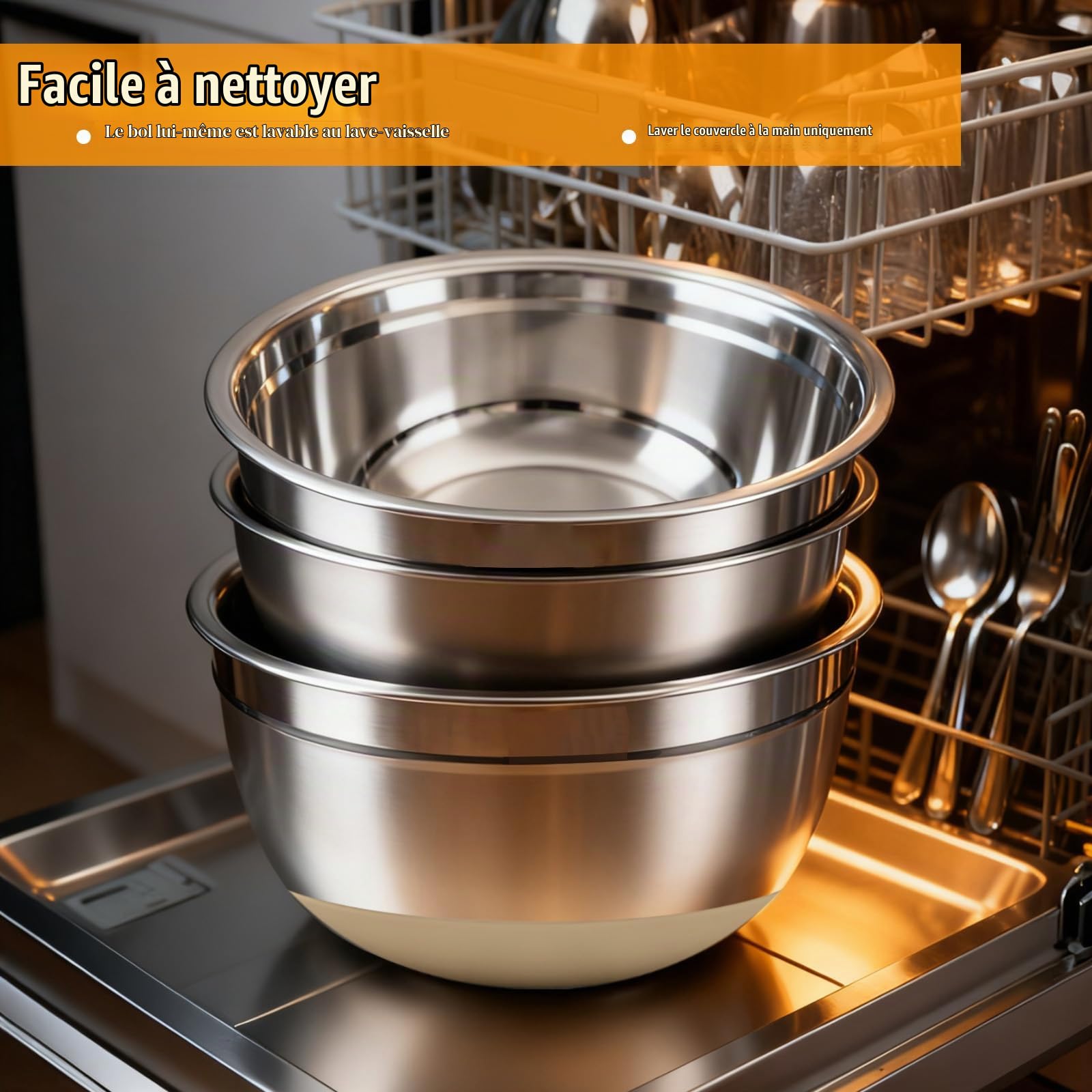 5 Pcs Saladier Inox, Cul de Poule Inox, Saladier avec Couvercle, Base en Silicone Antidérapante, Bol Inox Cuisine Bowl de Mélange avec 3 Râpes, Empilables et Lavables au Lave Vaisselle
