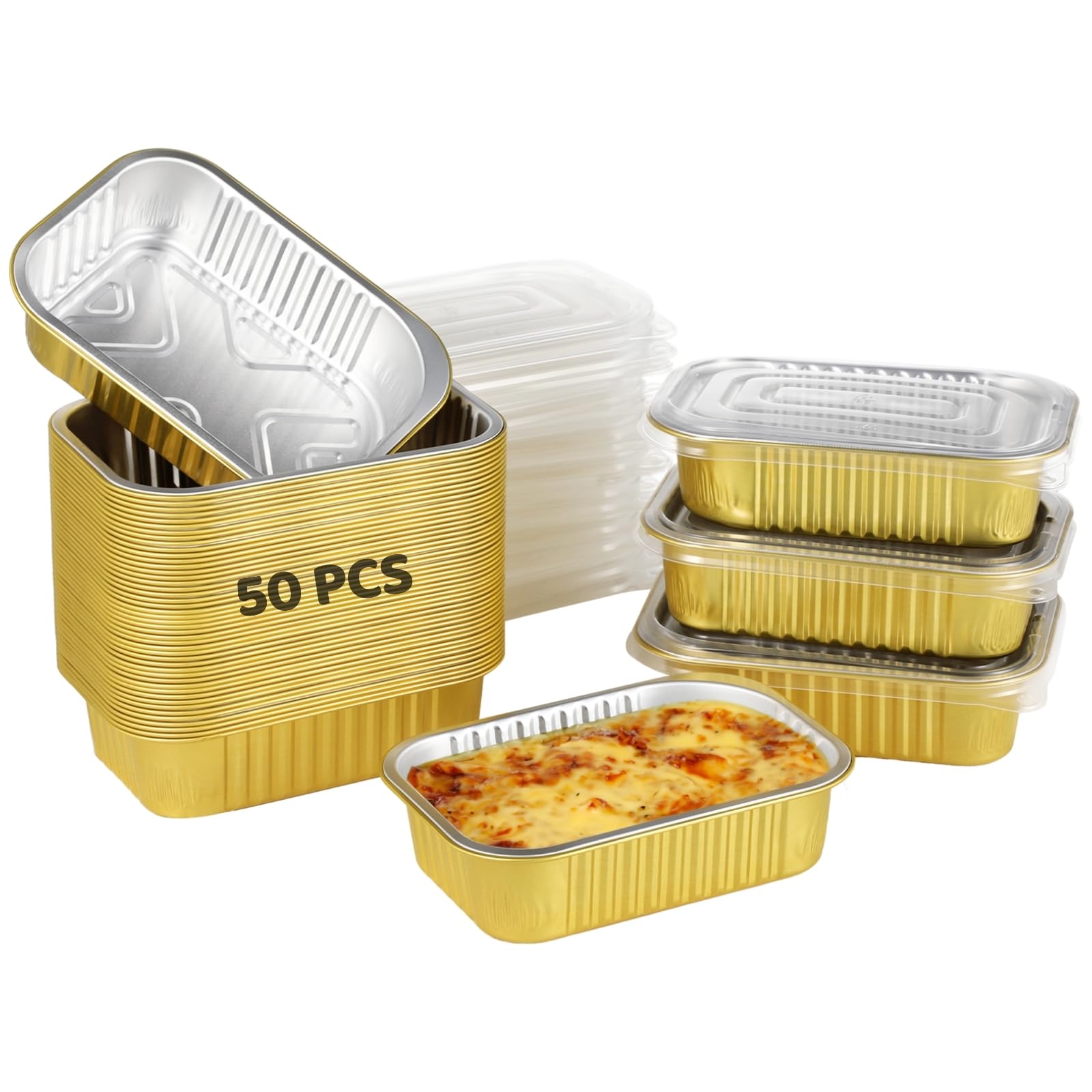 Confezione da 50 contenitori per alimenti in alluminio con coperchi, 16 x 11,1 x 3,8 cm, usa e getta, per la preparazione dei pasti, la cottura, il congelamento e l'asporto