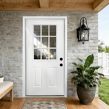 36" x 80" Fiberglass Entry Door with Brickmould & 9-Lite Low-E Glass, Left-Hand Inswing White Oak Wood Grain - Vinyl Frame Primed Front Door for Home Entrance, Knock-Down Design Solid Core