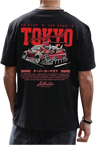 GORGLITTER Camiseta de manga corta con estampado japonés para hombre, estilo casual, cuello redondo