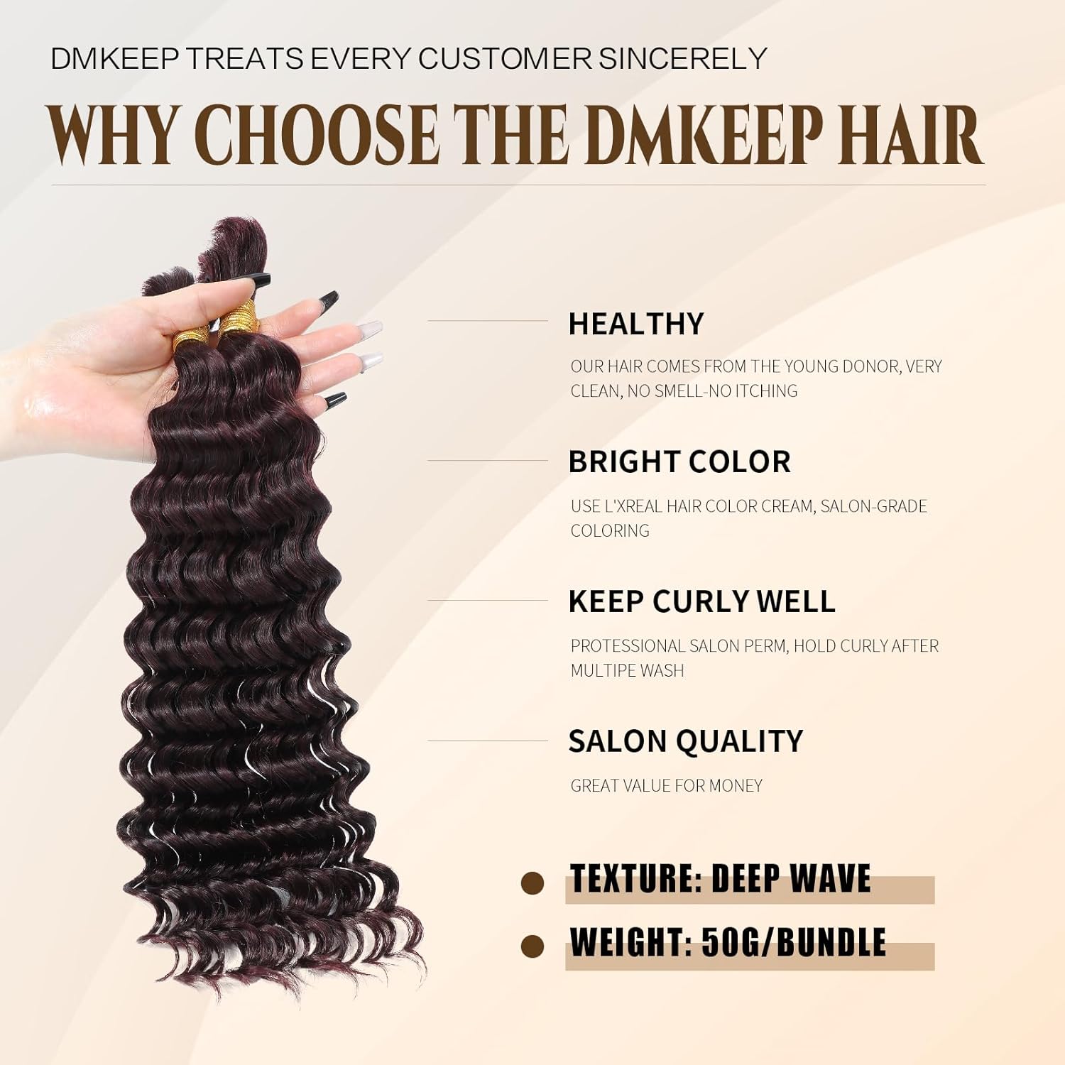 DMKEEP Burgundy Top Grade Human Braiding Hair - 2 Bundles (100g) No Weft Deep Wave Bulk Hair for Braiding Extensions (99J, 20 Inch)