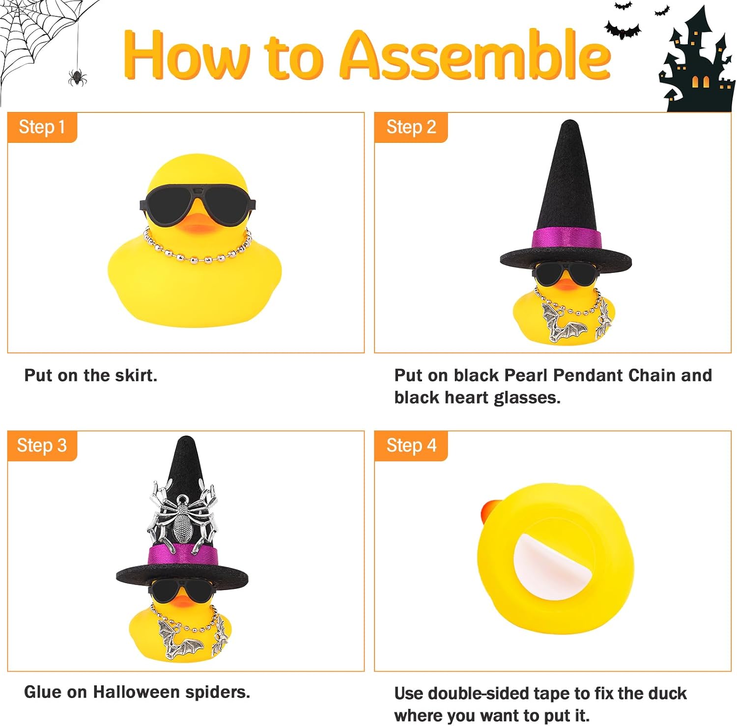wonuu Halloween Party Spider Rubber Duck with Mini Sunglasses Necklace Mini Ducky for Car Ornament Home Decor All Saint's Day Decotaion, Assemble Needed, Black Hat Orange Ribbon with Pumkin