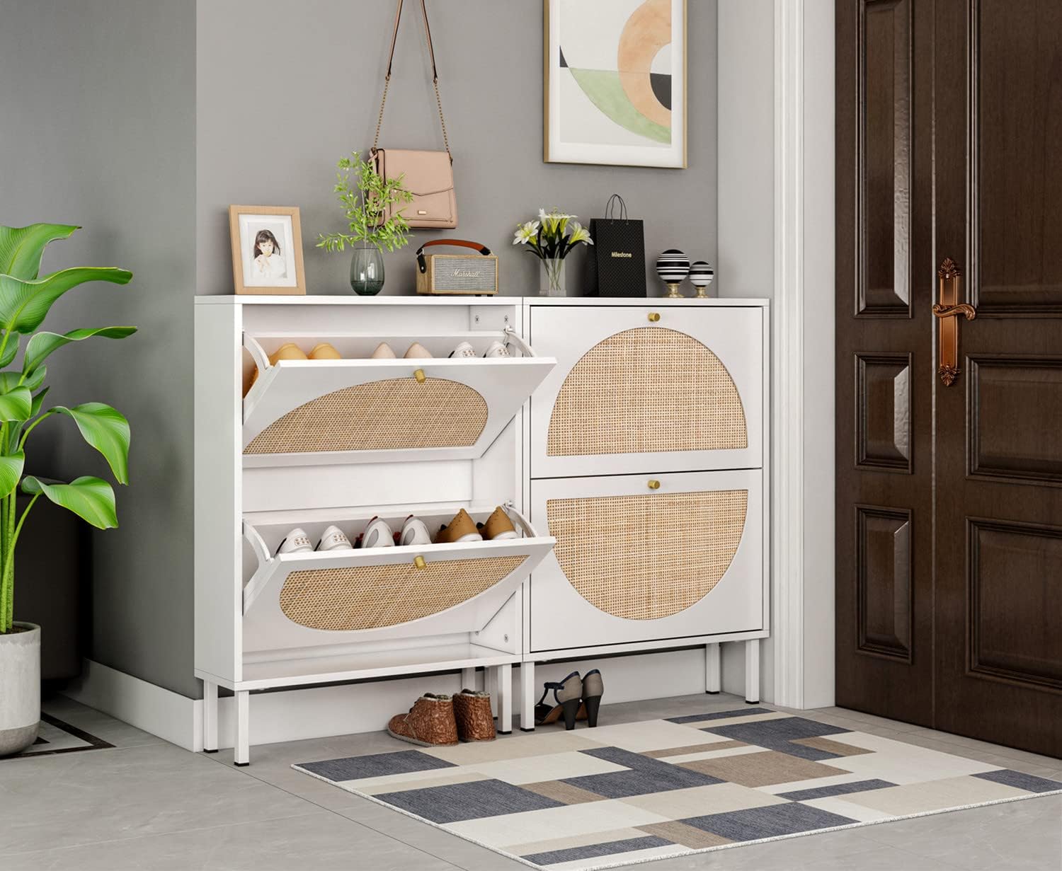 Amazon.com: White Rattan Shoe Storage Cabinet with 2 Flip Drawers for ...