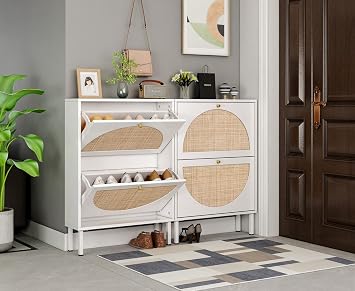 White Rattan Shoe Storage Cabinet with 2 Flip Drawers for Entryway, Freestanding Shoe Rack Modern Slim Entryway Shoe Organizer with Half Round Woven Rattan Doors for Hallway