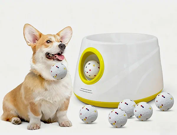 GaleKoon Automatic Ball Launcher for Dogs, Dog Ball Launcher with 6 ETPU 2.3” Balls, Adjustable Distance Thrower for Indoor & Outdoor Fetch Play, Interactive Pet Toy for Small & Medium Dogs