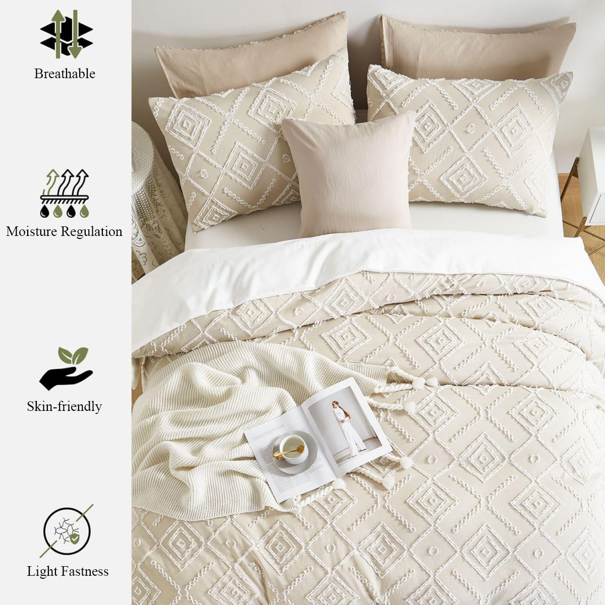 Lanqinglv Duvet Cover Set Double Beige Tufted Boho Bedding Duvet Covers 3 Pieces,Embroidery Shabby Chic Geo Duvet Cover with Zipper Closure and 2 Pillowcases 50x75cm - Image 3