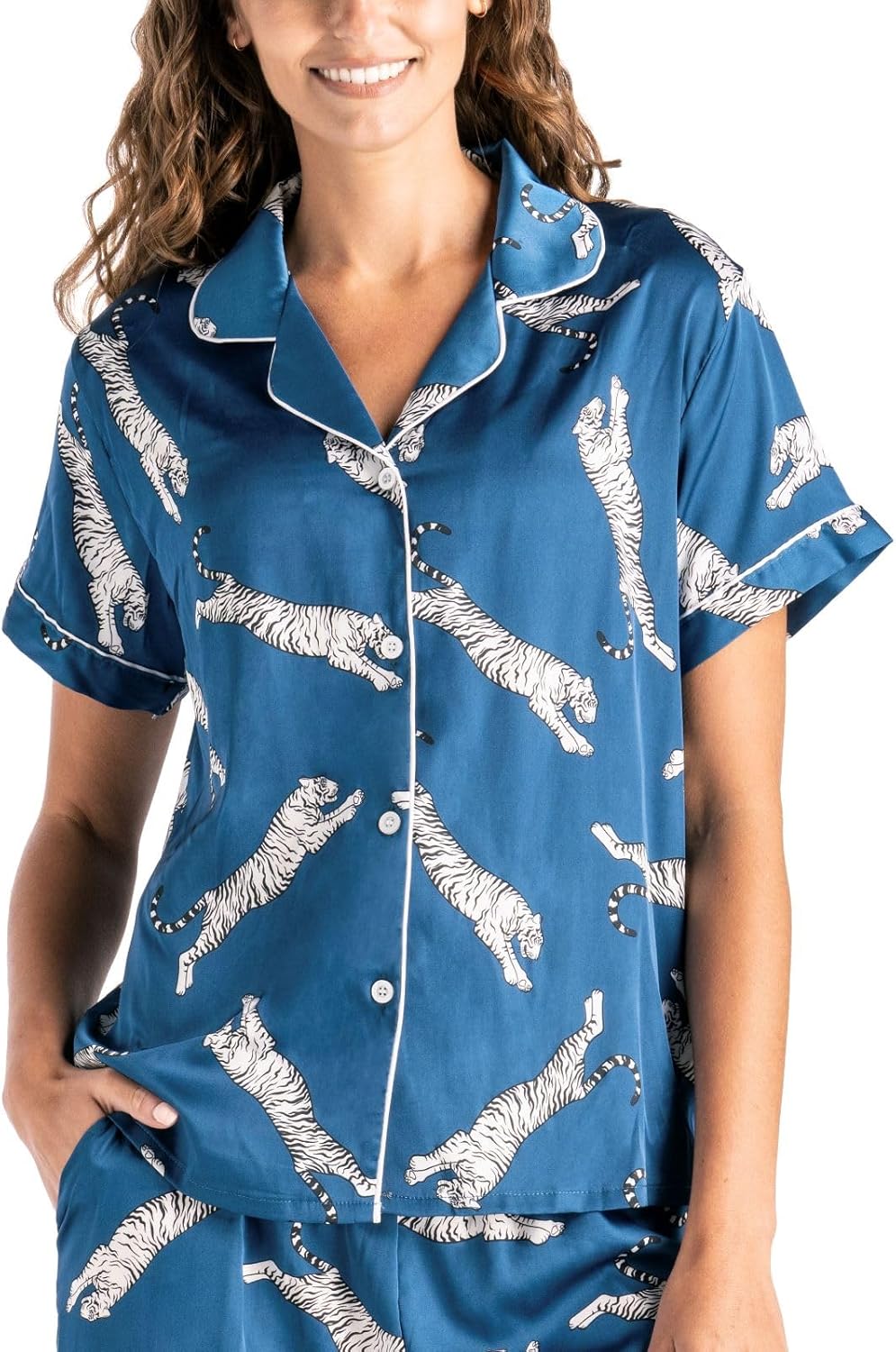 Hello Mello Pajama Top Satin Pajamas Short Sleeve Button-Down Silky Shirt for Women, Girl