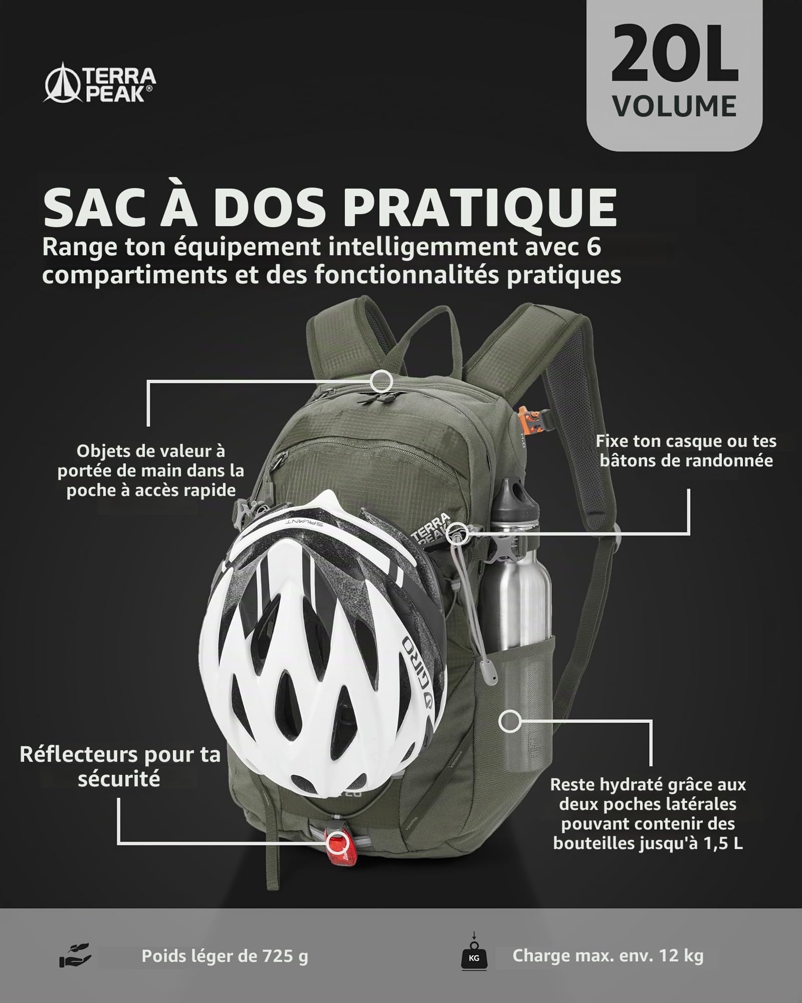 Terra Peak® Sac à dos de randonnée 20L (FLEX 20) petit vert olive femme et homme - Sac a dos de trekking, chasse et voyage (respirant, imperméable) - Sac alpinisme, escalade et de jour (ergonomique)