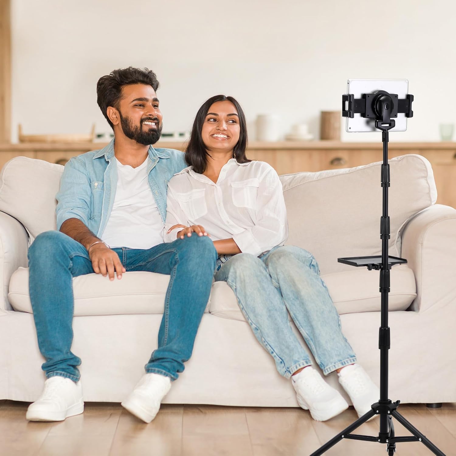 Tablet Floor Tripod Stand 360 Degree Rotatable Tablet Holder with Tray Adjustable Height 25"- 65" Home Projection Computer Stand Compatible with ipad Kindle e-Book Reader