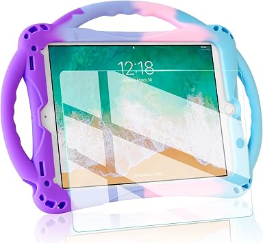 TopEsct Kids Case for iPad 6th/5th Generation, Silicon Shockproof Case for New iPad 2017/2018 9.7 inch with Tempered Glass Screen Protector and Strap, Cover for iPad Air & Air 2