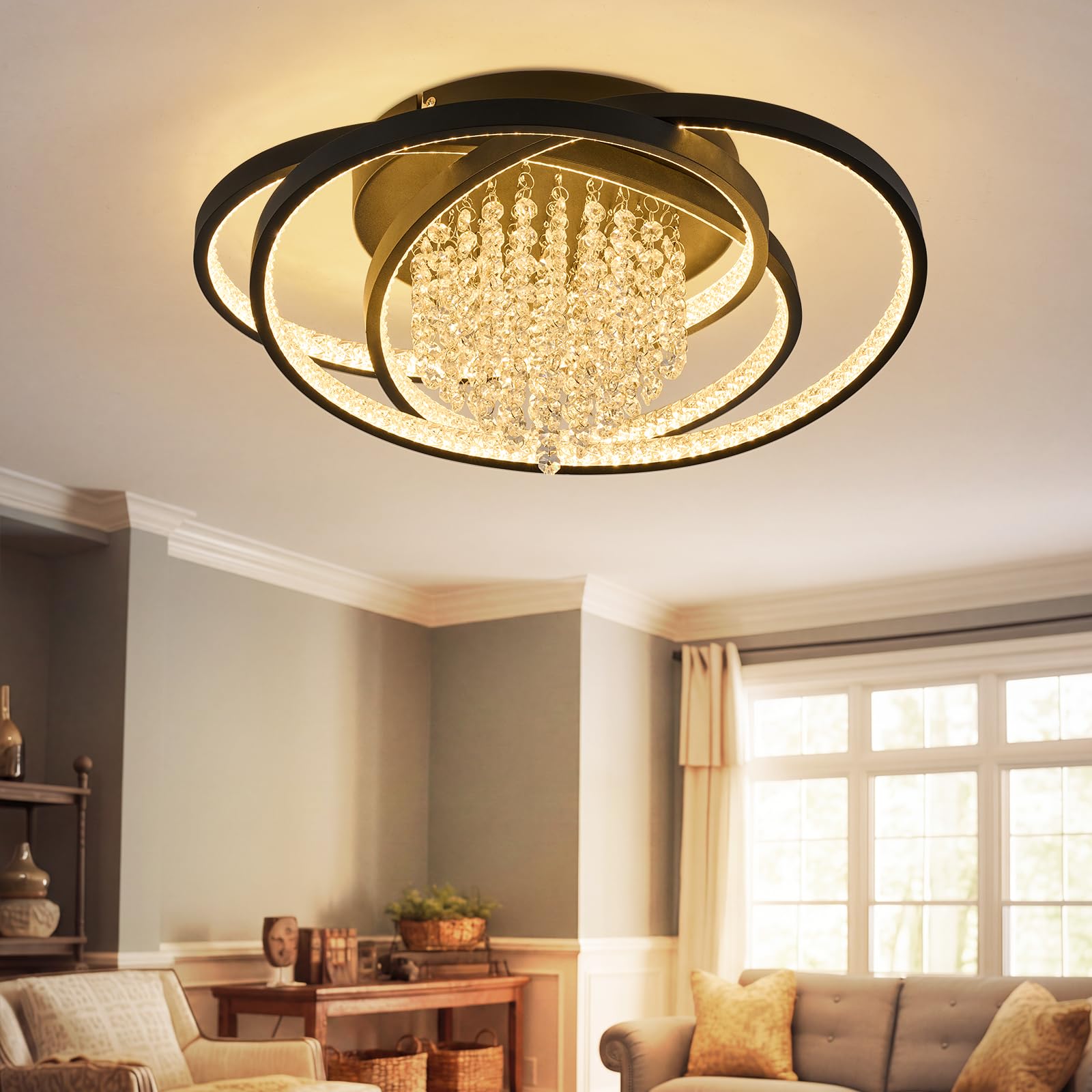 ZMH Deckenlampe Kristall LED Deckenleuchte Wohnzimmer Morden Schwarz | Wohnzimmerlampe 40W 3000K Warmweiß Licht Schlafzimmerlampe Groß Kristalleffekt Design Schlafzimmer Lampe Decke Esszimmer