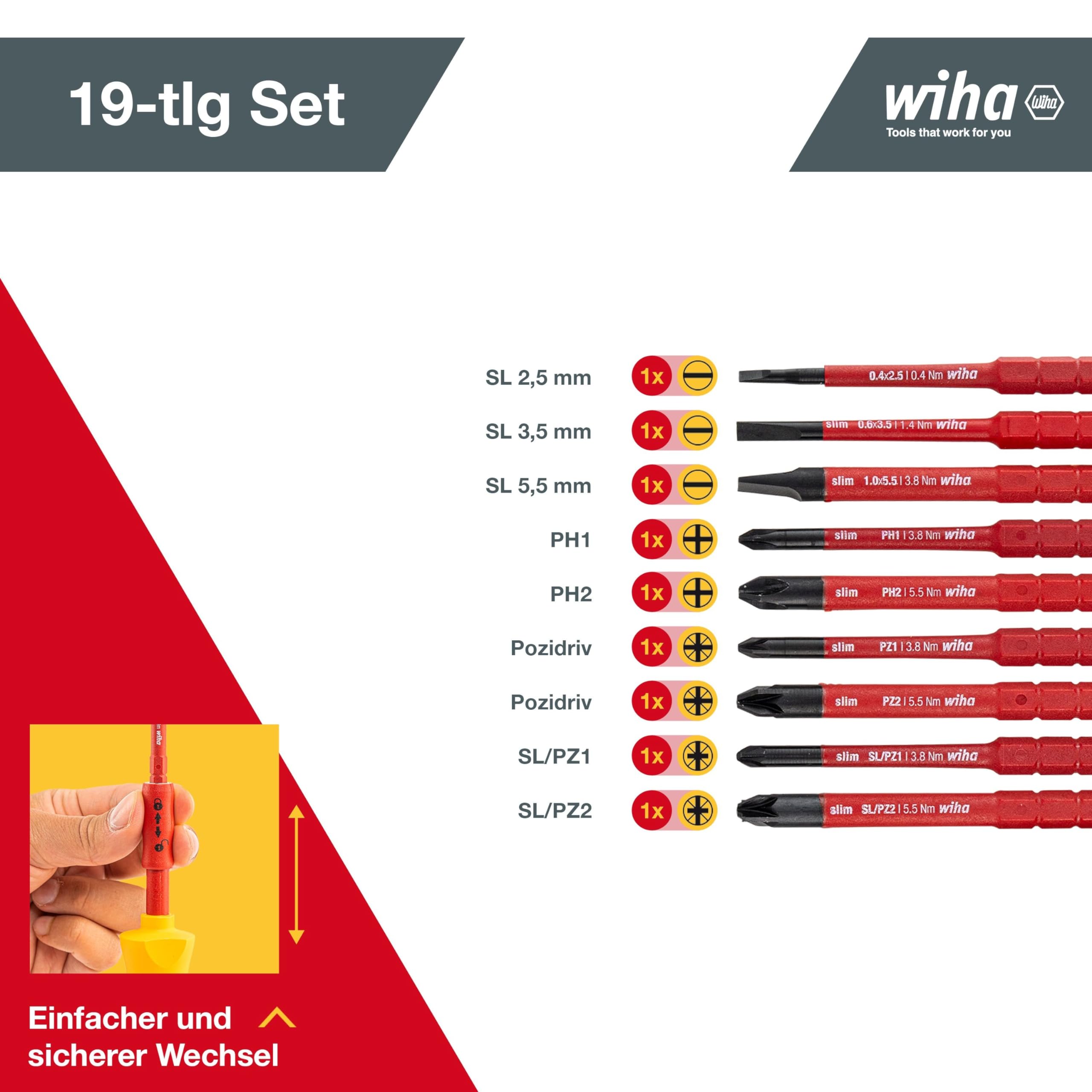 Wiha Juego de destornilladores dinamométricos TorqueVario®-S electric 0,8-5,0 Nm en surtido, de 14 unid., con limitación del par de apriete de ajuste variable, incl. bolsa plegable (40674) | (40674) Set misto 14 pz 0,8-5,0 Nm incl. slimBits, borsa pieghev
