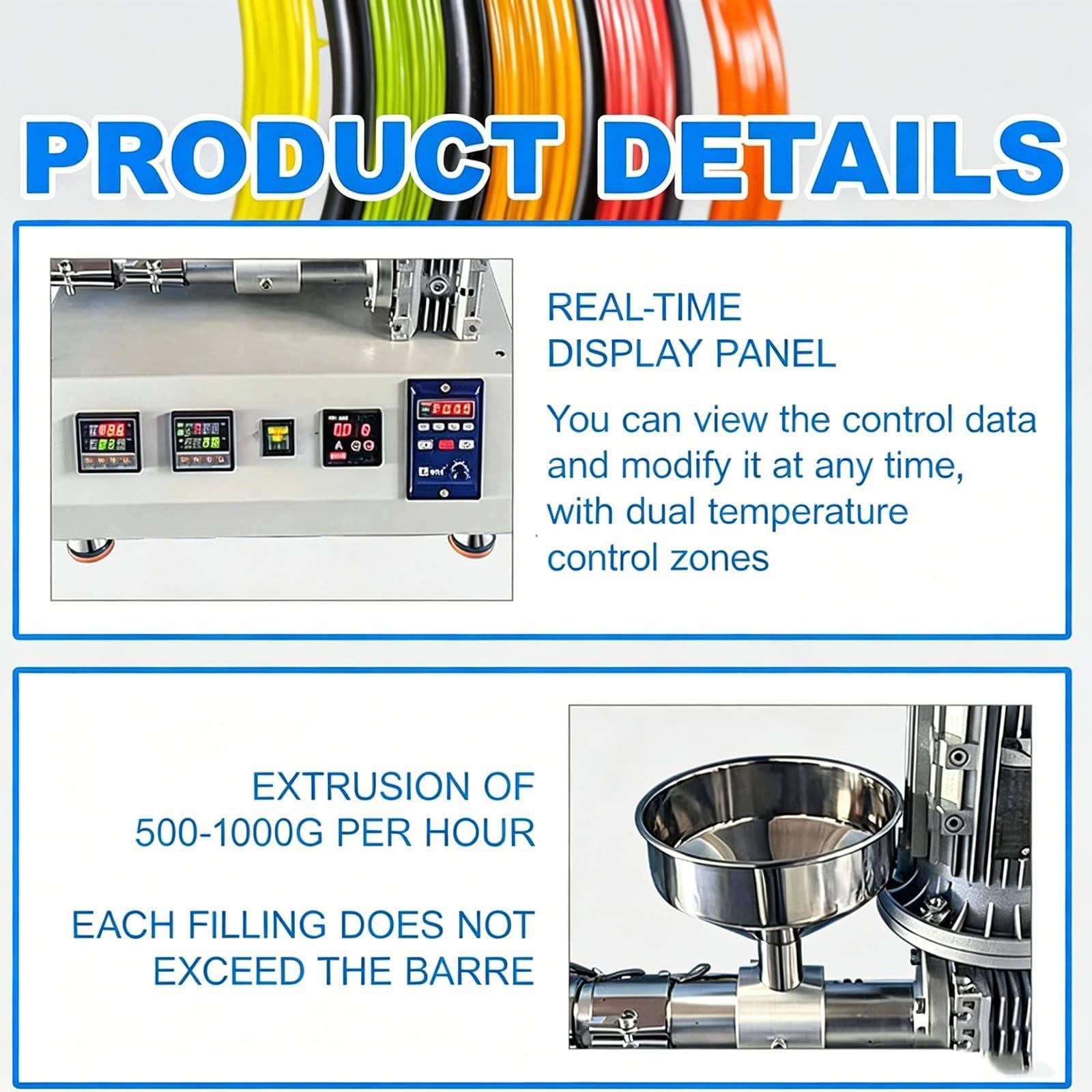 Maszyna Do Produkcji Materiałów Eksploatacyjnych O Mocy 1000W (500–1000g/h), Wytłaczarka 3D Do Granulatu, Sterowanie PID (0–350°C), Do Materiałów Eksploatacyjnych O Grubości 1,75mm/3mm