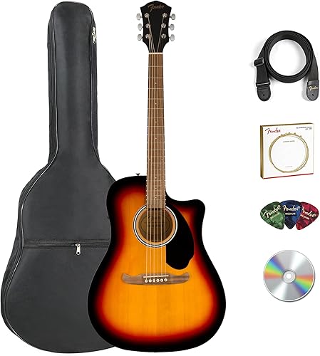 Vista 14 de Fender FA-125CE Dreadnought Cutaway Guitarra Acústica-Eléctrica Negra - Paquete con Funda, Correa, Cuerdas, Púas y DVD Instructivo de Austin Bazaar