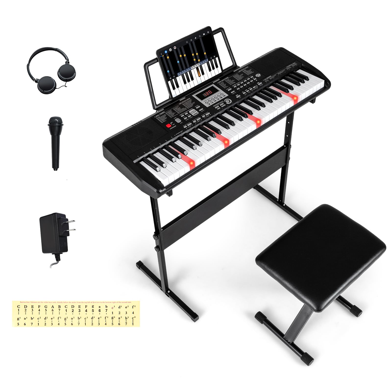 KOMFOTTEU Pianino cyfrowe z 61 klawiszami, pianino elektryczne z 200 rytmami i 200 dźwiękami, 70 demo, elektryczny fortepian ze stojakiem, taboretem, stojakiem na nuty, słuchawkami i mikrofonem
