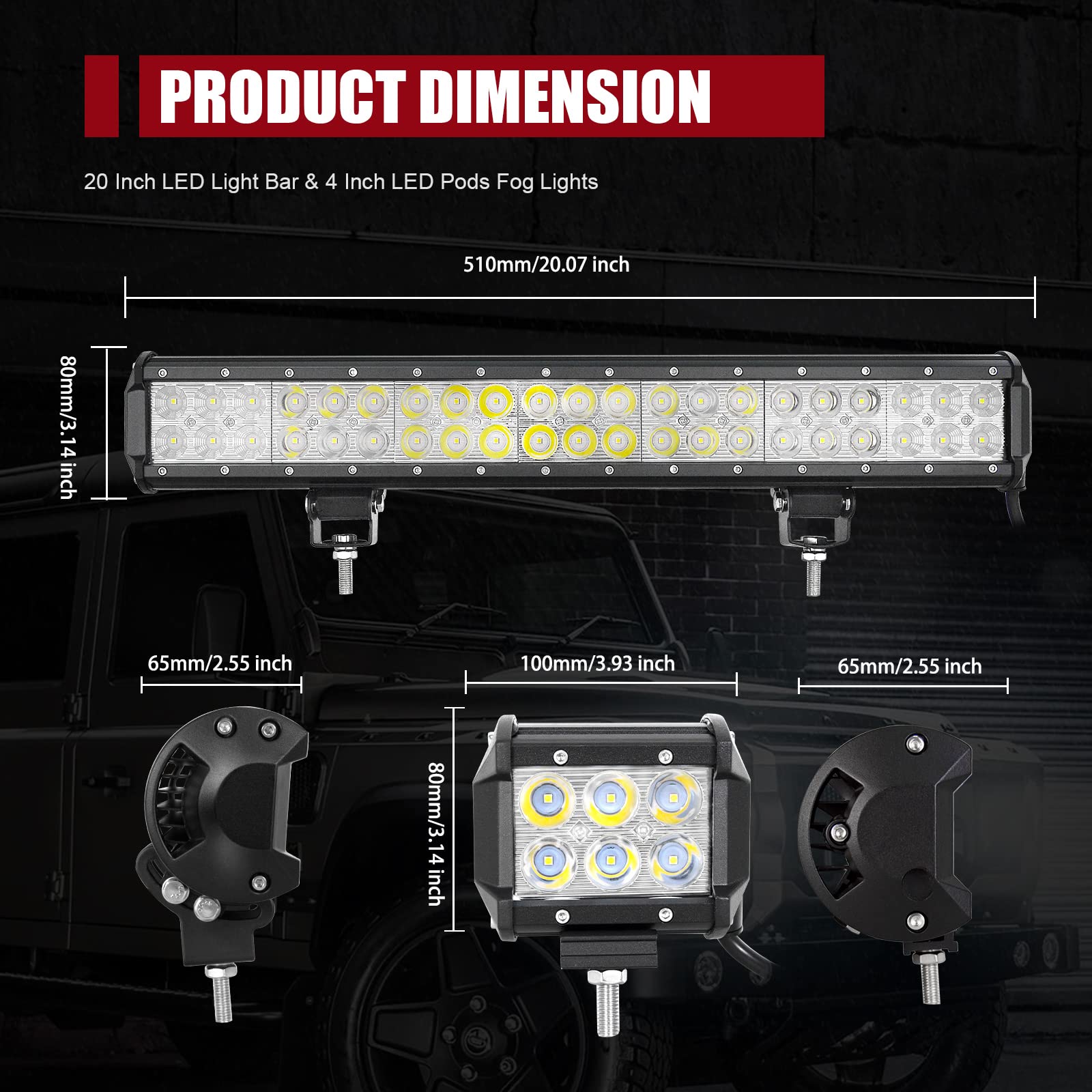 SKYWORLD Reflektor LED, dwurzędowy, 50,8 cm, 126 W, 10-30 V, wodoszczelny, do pojazdów terenowych 4 x 4 + 2 x 18 W, 10,2 cm, lampa robocza LED z zestawem wiązek przewodów