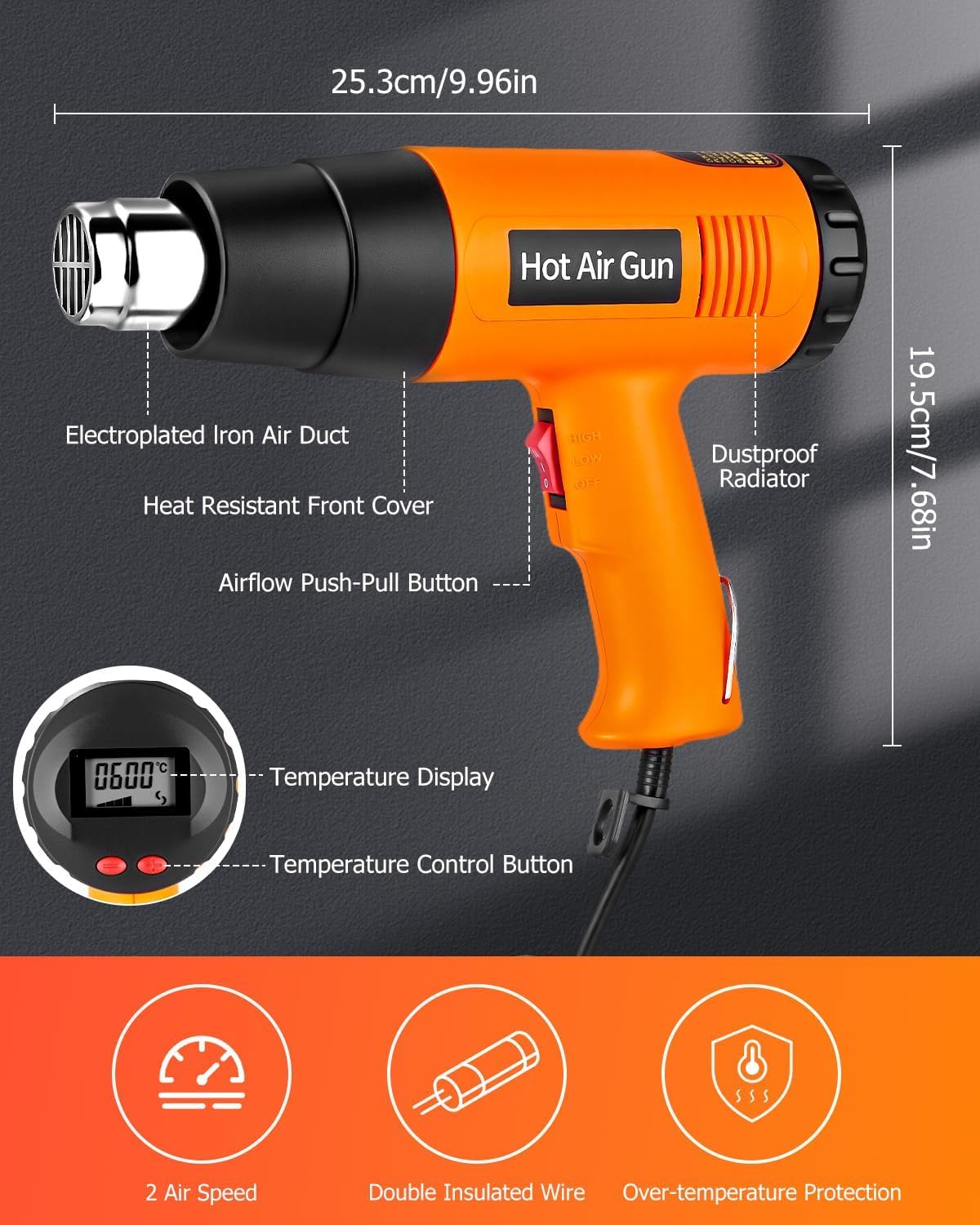 2000W Heißluftpistole Profi - Digitales LCD Display, 60-600°C, 6 Zubehörteile
