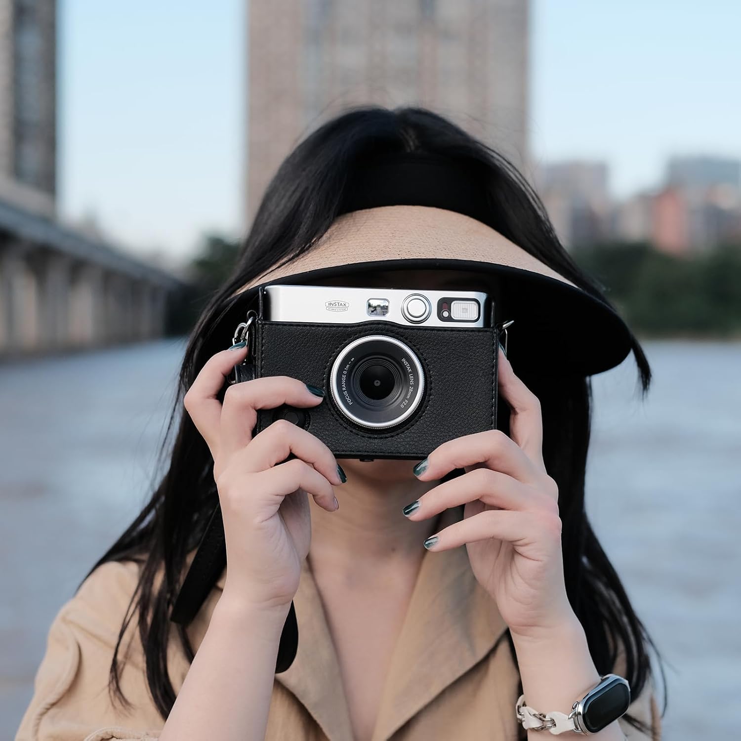 Rieibi Mini EVO Case - Vintage PU Leather Protective Bag for Fuji Instax Mini EVO Instant Camera - Removable Case with Adjustable Shoulder Strap Battery Charging Port - Black Black Horizontal