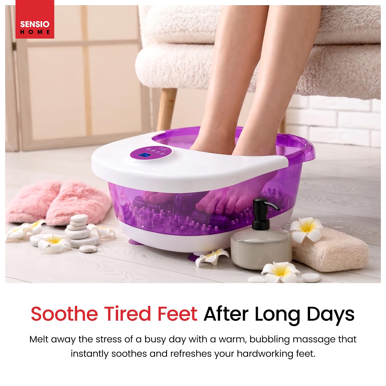 Sensio - Masajeador de pies de lujo para spa y pedicura, control digital de temperatura con pantalla táctil, nueve pedicura más tres accesorios de masaje, mima tus pies con calor, burbujas y