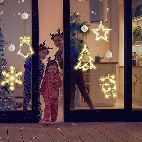 Miniatura 8 de Paquete de 5 luces de Navidad para ventana con temporizador, funciona con pilas, para colgar en forma de árbol de copo de nieve con luz blanca