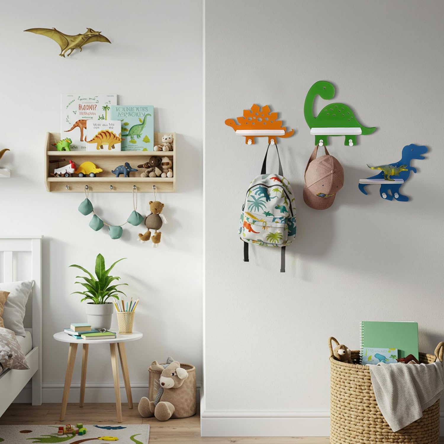 Pinkunn 3 Pcs Dinosaur Wooden Wall Shelf Decorative Dinosaur Bookshelf Tyrannosaurus Stegosaurus Sauropod Wall Shelf with Hanging Pegs Dino Nursery Decor for Boys Room, 3 Styles (Classic Style)