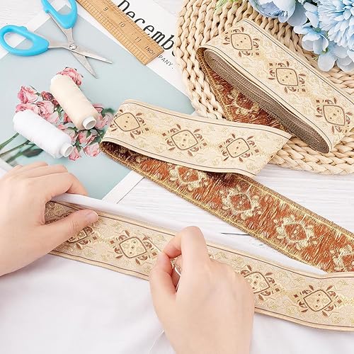 Miniatura 3 de FINGERINSPIRE Cinta de jacquard de 7.66 yardas de 1.969 in de ancho con flores de diamante metálicas, cintas de bordado de estilo étnico, cinta de