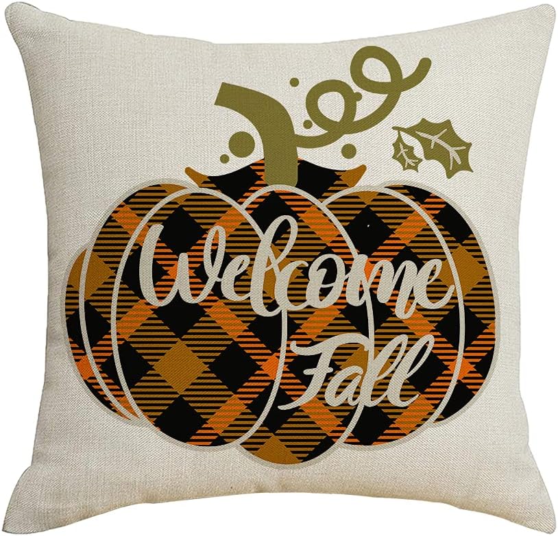 Artmag Hello Fall Throw Pillow Covers 16x16 Buffalo Check Plaid Pumpkin Maple Leaf Wreath Welcome Farmhouse Autumn Thanksgiving Decorations Cushion Case for Sofa Couch Set of 4