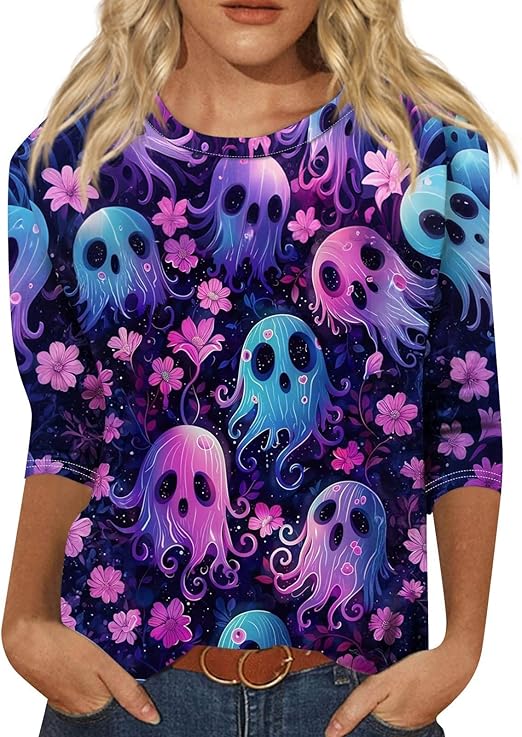 Cute Funny Halloween Shirts for Women Plus Size 3/4 Length Long Sleeve Womens Tops Witch Gothic Renaissance Shirt