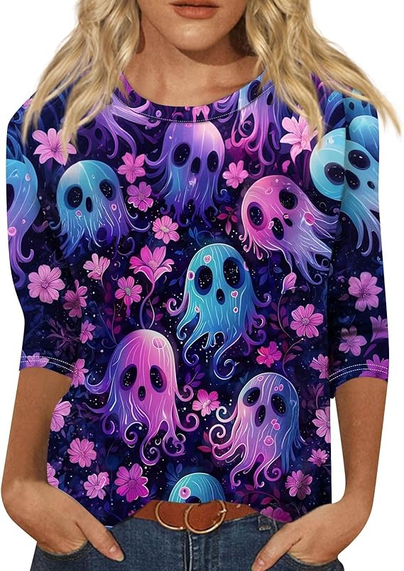 Cute Funny Halloween Shirts for Women Plus Size 3/4 Length Long Sleeve Womens Tops Witch Gothic Renaissance Shirt