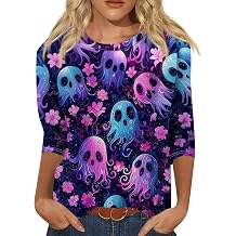 Halloween Shirts for Women Loose Fit Crew Neck 3/4 Sleeve Blouses Trendy Withered Leaves Print Graphic Tees