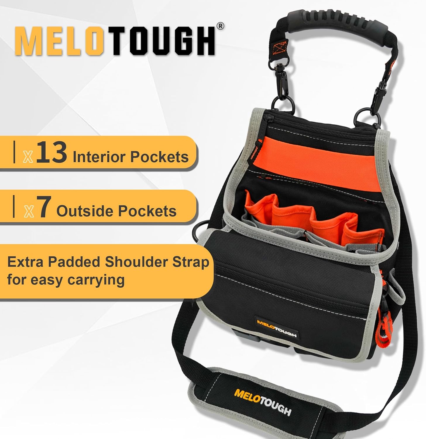 MELOTOUGH Electrician Tool Pouch Bag with Shoulder Strap 20 Pockets Tool Belt Pouch Tool Holster with Hammer Loop Tool Bag for Tradesman,Carpenter