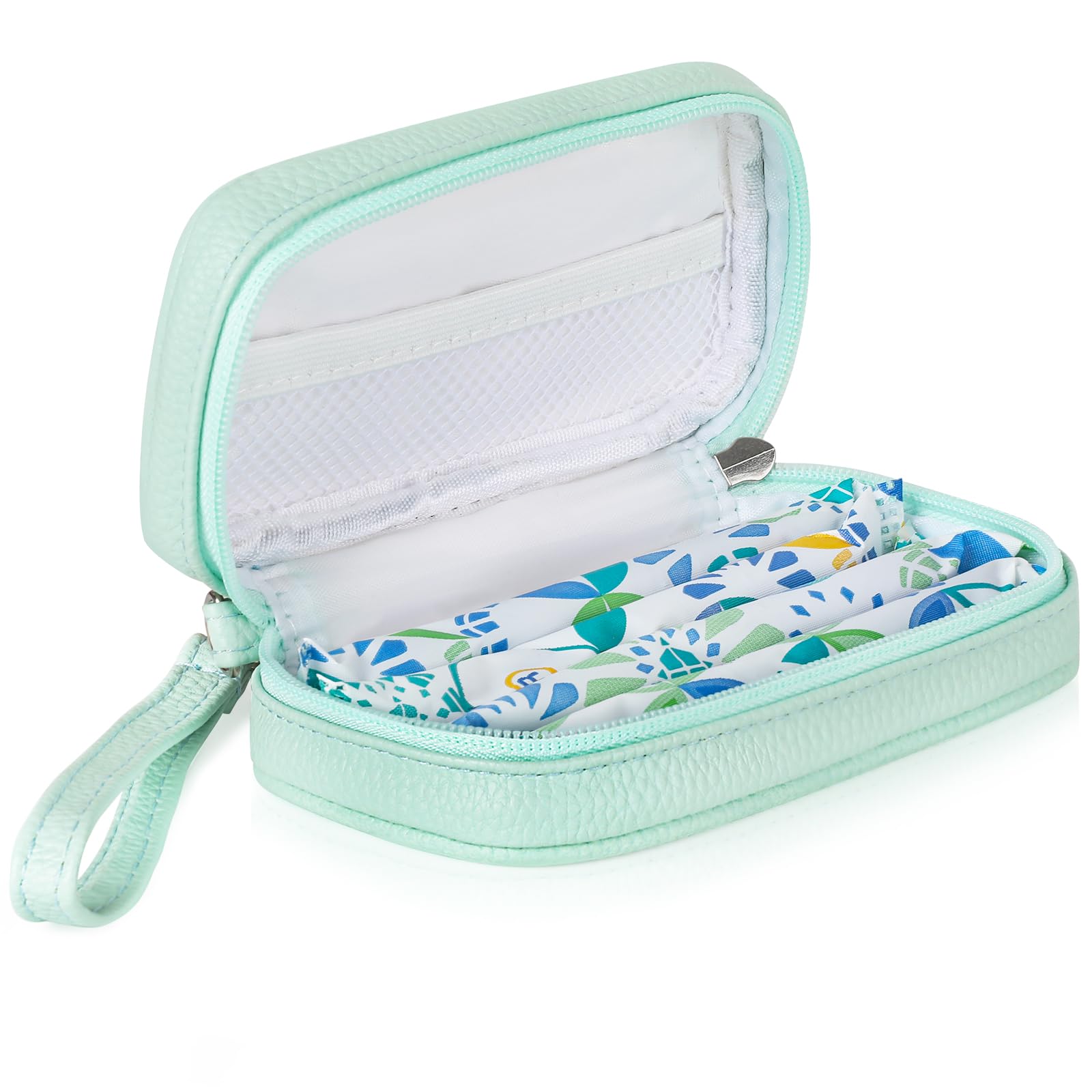 Organizador portátil de tampones Teircno: bolsa de PU beige con asa, estuche pequeño para productos femeninos, bolsa con cremallera para el período menstrual.