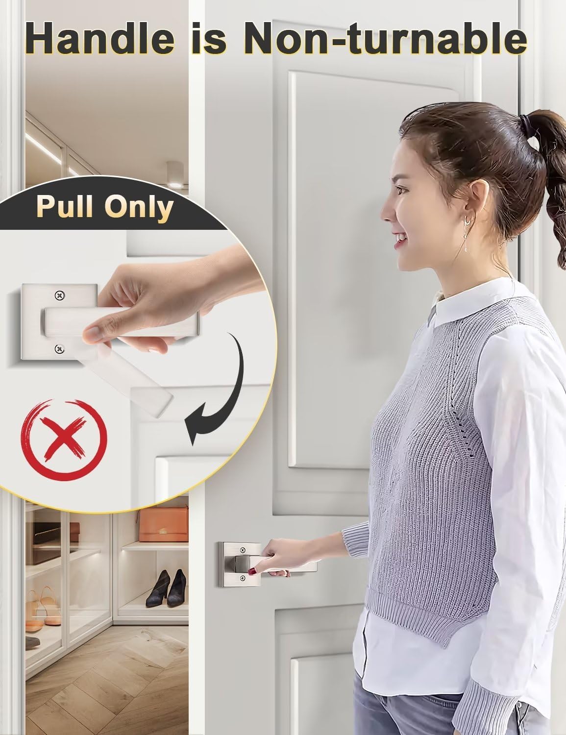 Tinewa 4 Pack Dummy Door Handles Brushed Nickel for Left Hand and Right Hand, Mordern Square Closet Hallway Door Knobs, Non-Turning Single Side Pull
