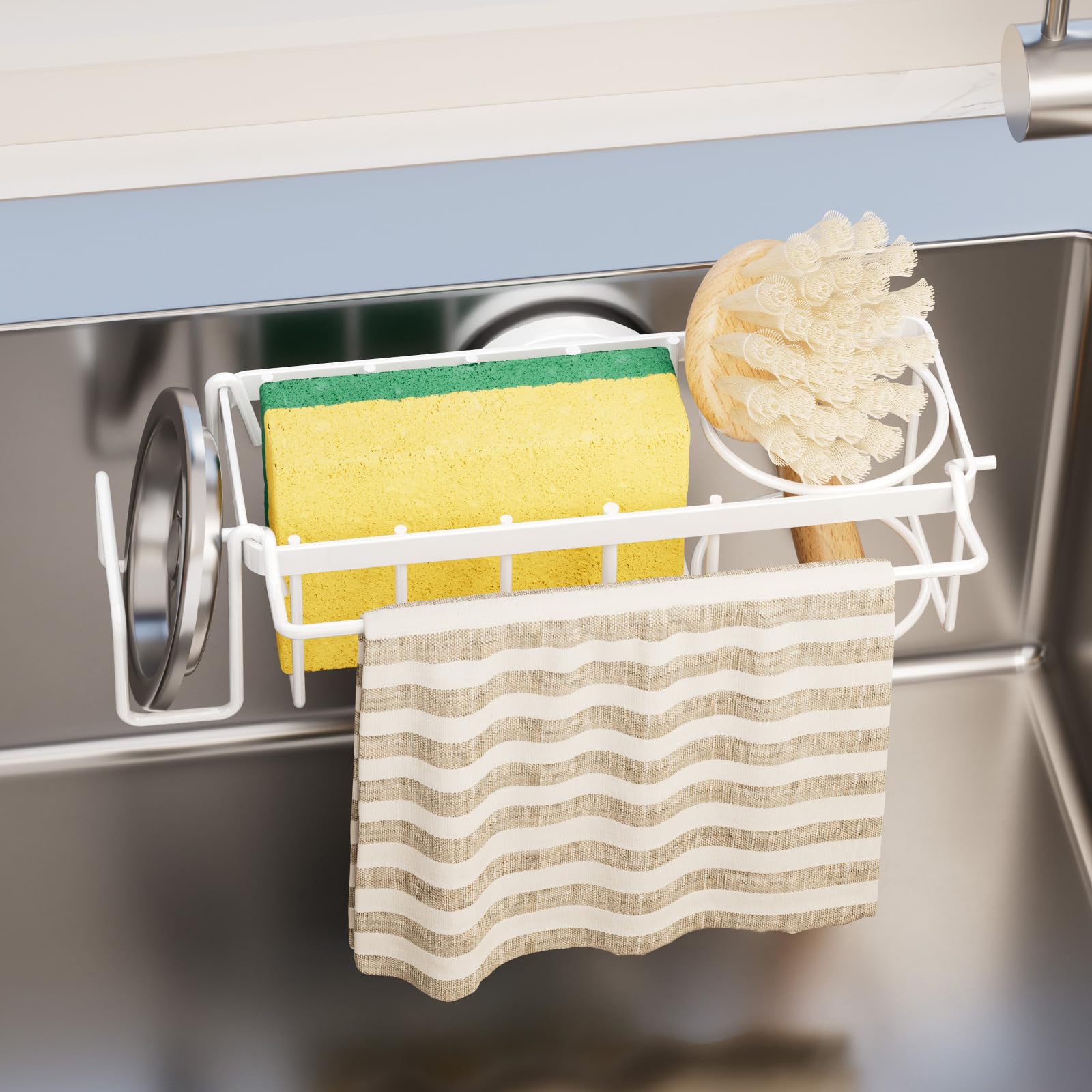 TAILI 4 in 1 Sponge Holder with Suction Cup, Sink Caddy inside kitchen Storage, Sponge Holder for Kitchen sink for Dishcloth, Brush - white