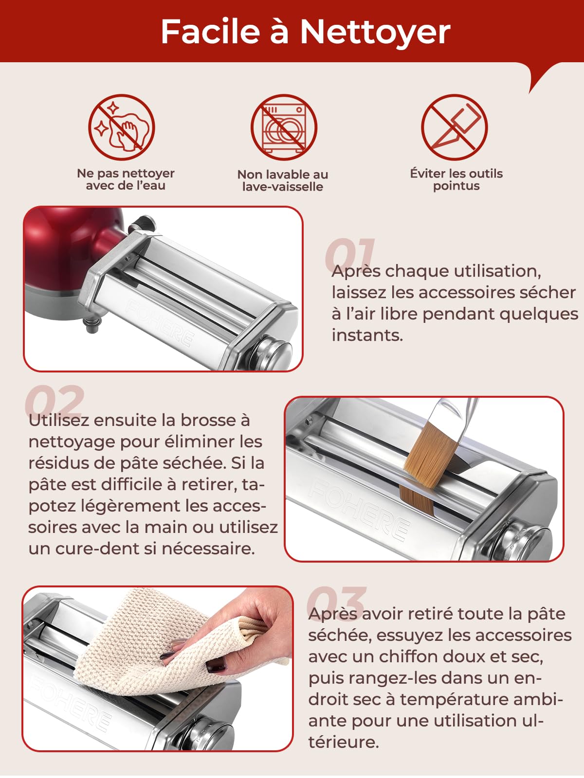 FOHERE Accessoires pour Machine à Pâtes pour KitchenAid Robot Pâtissier, Comprend Rouleau à Pâtes, Coupe-Fettuccines, Coupe-Spaghettis et Brosse à Nettoyage (7 épaisseurs Réglables)