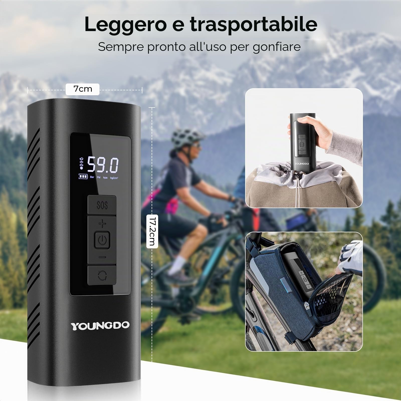 YOUNGDO Pompa per bicicletta, 150 PSI, pompa per bicicletta elettrica 6000 mAh, pompa ad aria elettrica, compressore, pompa per bicicletta, tutte le valvole per bicicletta, moto, palle