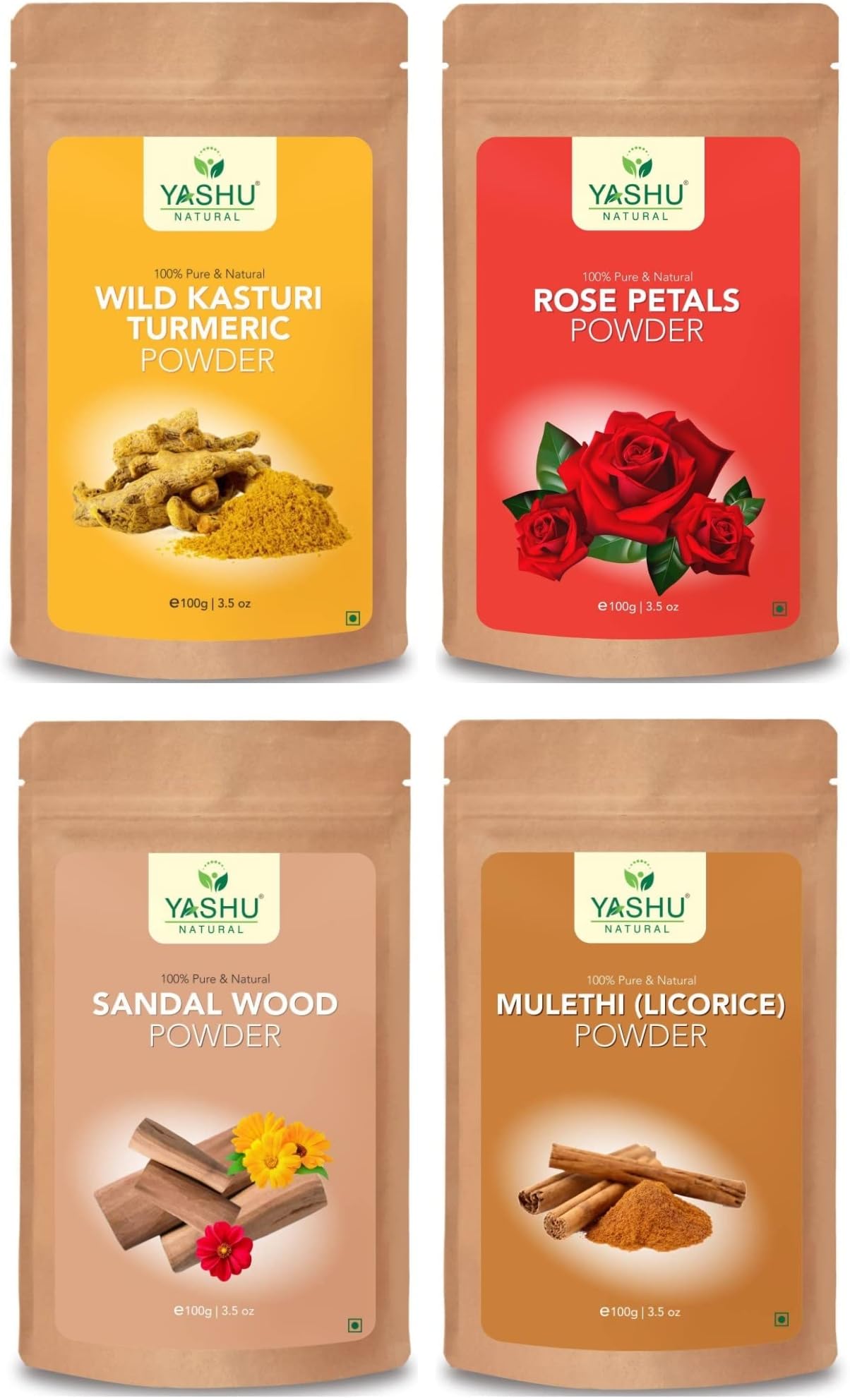 YASHU Organic Kasturi Haldi Chandan (Sandalwood), Rose Petals & Licorice (Mulethi) Face Pack Combo for Natural Glow, Detan & Skin Brightening (400Gm)