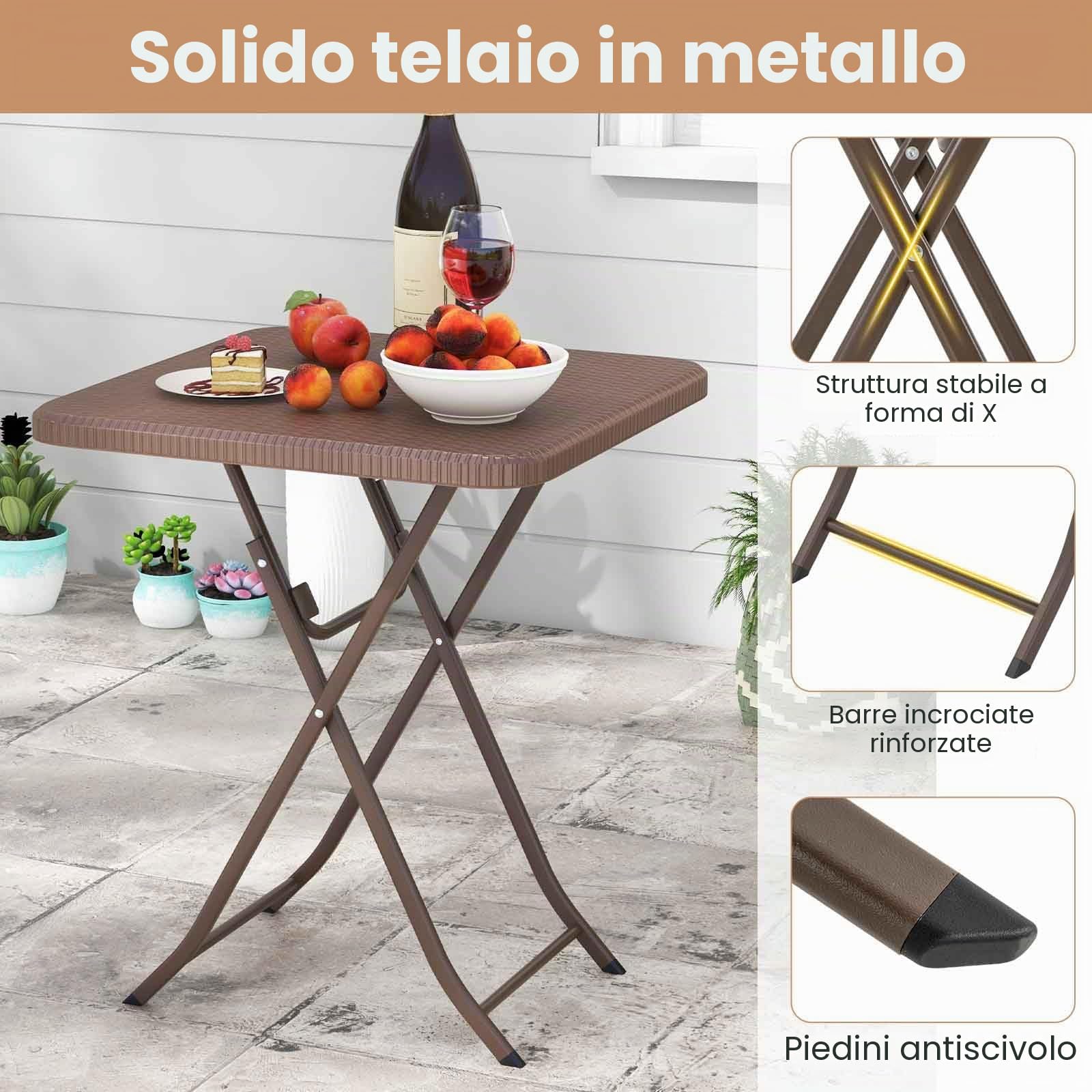 LIFEZEAL Tavolo pieghevole in rattan, tavolino quadrato da 60 cm per esterno con telaio metallico, tavolo portatile da picnic per campeggio